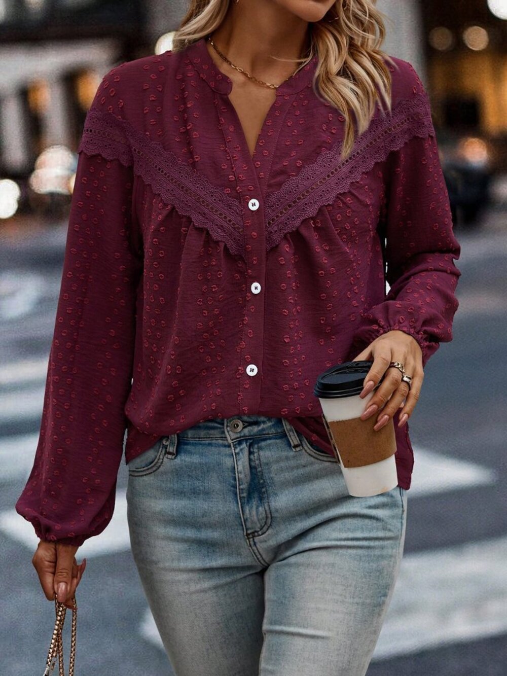 Burgundy Casual Women's Button Front Contrast Lace Bishop Sleeve Top